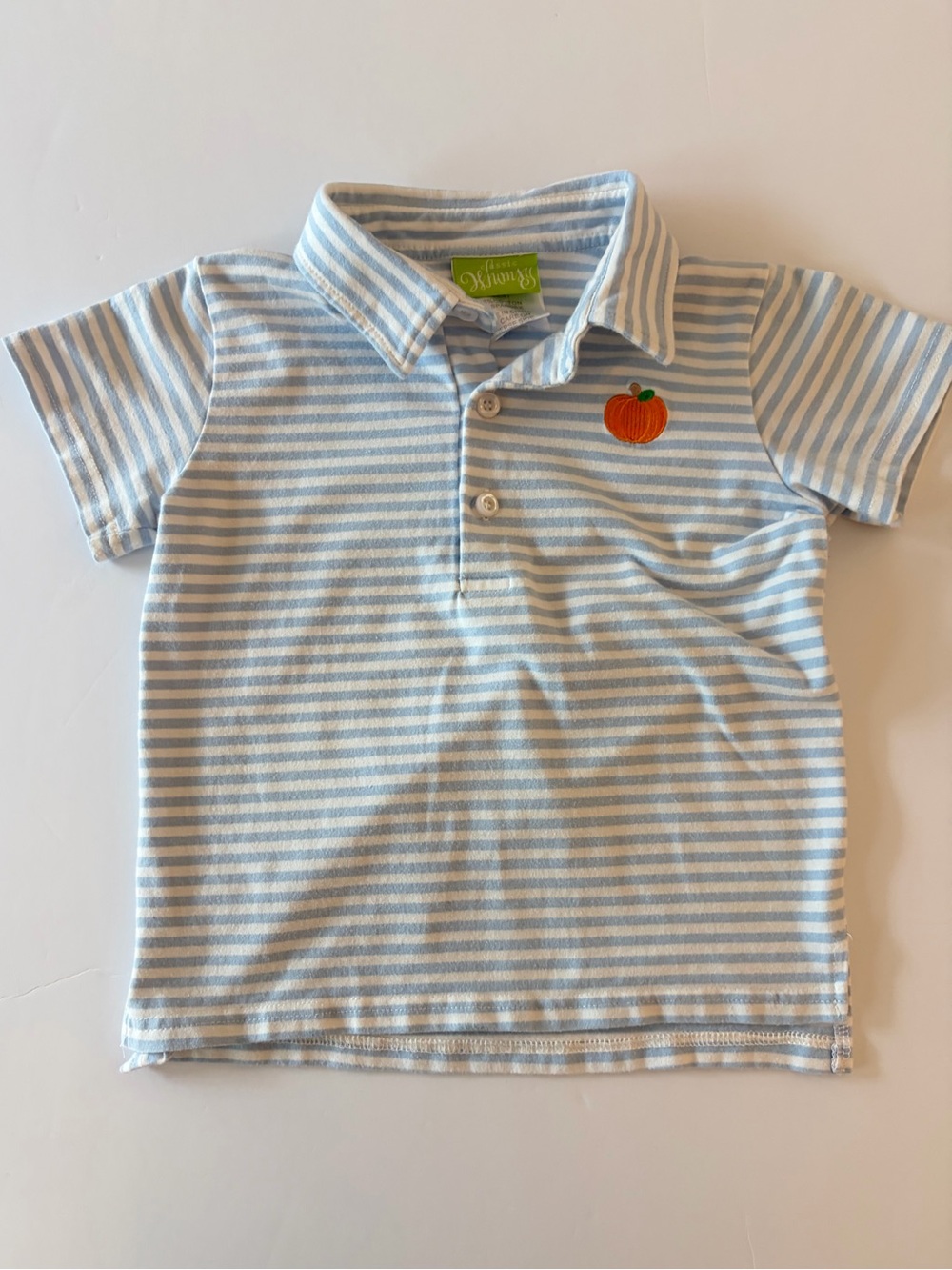 Classic Whimsy boys striped polo with pumpkin chest patch